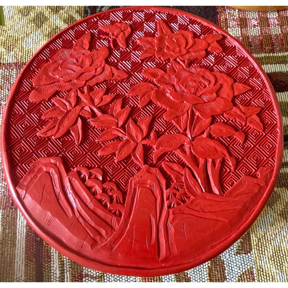 Vintage Chinese Carved Cinnabar Lacquer Trinket Box | Red Peony & Lattice Box